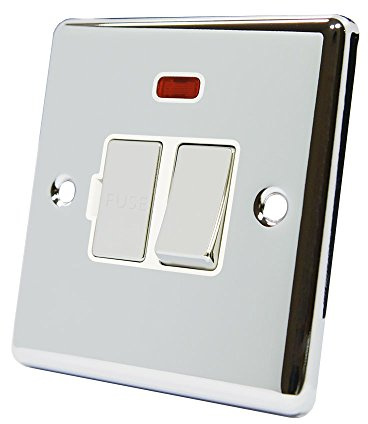 AET CPCSFNWC 13 A Classical Chrome Polished Fused Switched Connection Spur Unit with Neon Indicator and White Insert Metal Rocker Switch