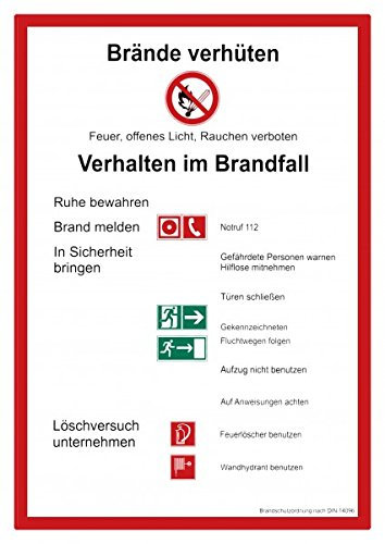 Schild Brände verhüten / Verhalten im Brandfall, Brandschutzordnung, Kunststoff, DIN 14096