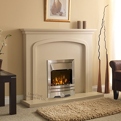 Electric Cream Beige Stone Effect Silver Flame Fire Wall Surround LED Fireplace Suite Large Big 54