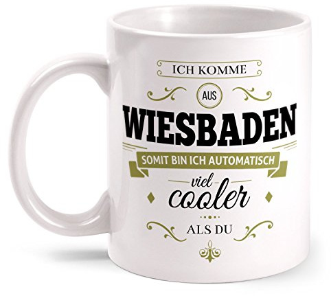 Fashionalarm Tasse Ich komme aus Wiesbaden - beidseitig bedruckt mit coolem Spruch | Geschenk Idee für Wiesbadener Männer & Frauen, Farbe:weiß
