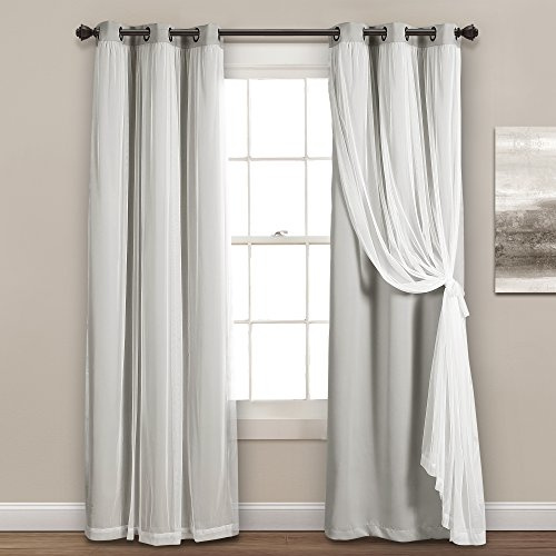 Lush Decor Sheer Grommet Curtains With Insulated Blackout Lining, Window Curtain Panels, Pair, 38 W x 84 L, Light Gray - Curtain With Sheer Overlay, Elegant Blackout Curtains for Bedroom