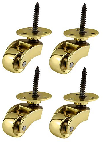Solid Brass Castors Casters with 22mm Wheels – Genuine Solid Polished Brass – Antique Vintage – Screw Style Fitting – Polished Brass – UK Company - Set of 4