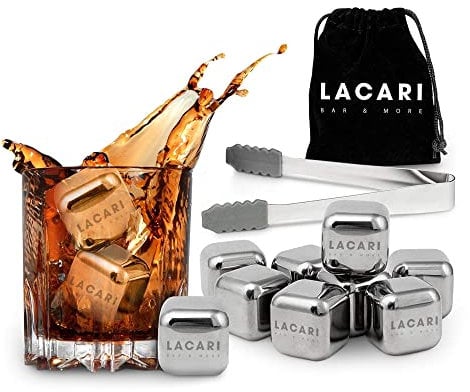 Wiederverwendbare Eiswürfel | 8x Edelstahl Eiswürfel | Lacari ORIGINAL Eiswürfel wiederverwendbar | Ice Cube für Gin, Rum, Limonade | Whisky Steine mit Zange & Stoffbeutel | Geschenk Geburtstag
