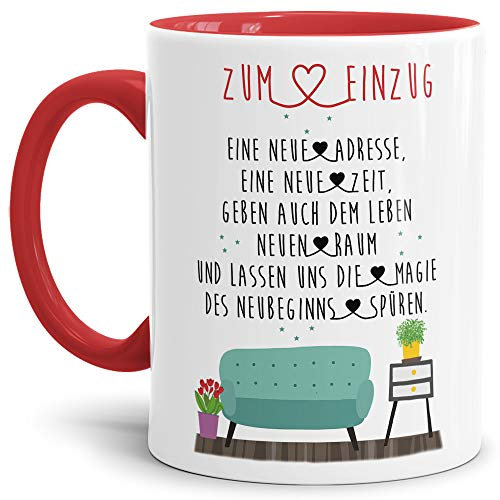 Tasse mit Spruch Die Magie des Neubeginns - Innen & Henkel Rot/Zuhause/Eigenheim/Geschenk-Idee