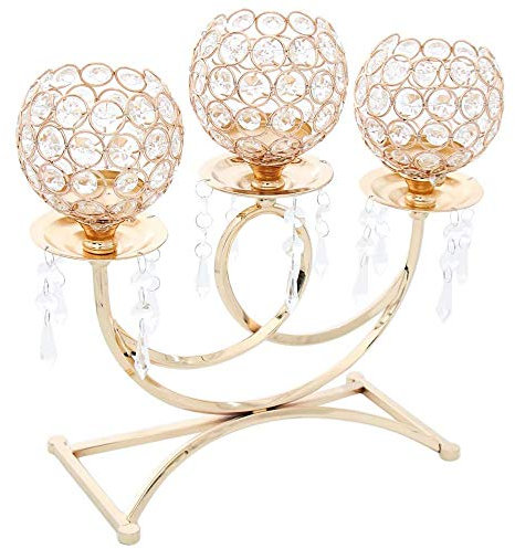 POFET Portavelas votivo de metal de cristal con 3 brazos, 36 cm de alto, para eventos de boda, candelabro, decoración artesanal, color dorado