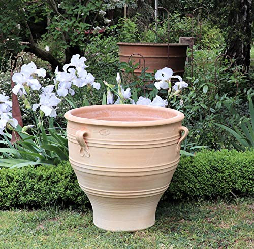 Kreta Keramik | Terracotta Pflanzgefäß mit Henkel | handgefertigt und frostfest | Blumenkübel Rosa (60 cm)