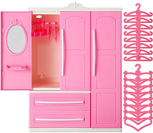 Doll Closet Furniture Wardrobe Clothing Organizer Doll Open Wardrobe Dollhouse Closet with 20 Pieces Hangers 2 Style Pink Plastic Hangers Dollhouse Furniture Accessories(Classic Style)