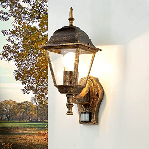 Licht-Erlebnisse Außenwandleuchte mit Bewegungsmelder Glas Aluminium in Schwarz Kupfer IP44 Garten B:15 cm E27 nostalgische Wandlaterne Outdoor TIROL