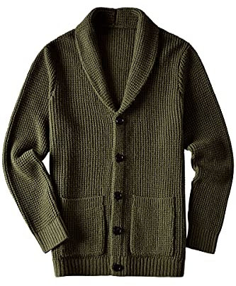 ZHILI Cardigan da Uomo Casual Sottile Spesso Lavorato a Maglia con Collo a Scialle Tasche, Oliva, XS