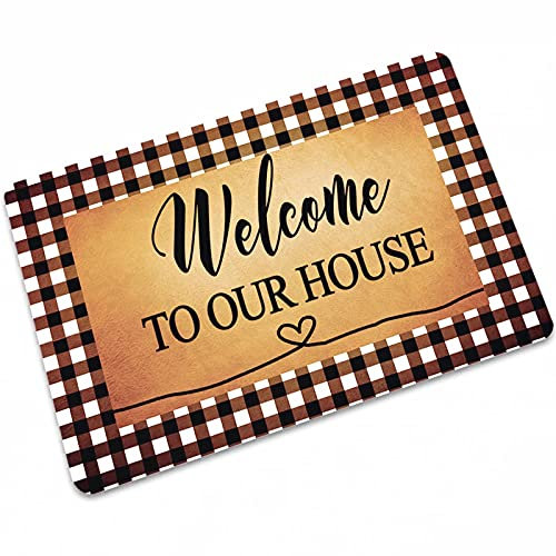 Welcome To Our House Plaid-Fußmatte, Fußmatte für Innen- und Außenbereich, niedrige Schlüssel, 60 x 90 cm, Braun