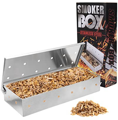 Caja para Ahumar de Acero Inoxidable Caja de Ahumado Portátil Smoker Box con Tapa Bisagras para Fumadores Parrillas de Carbón y Gas
