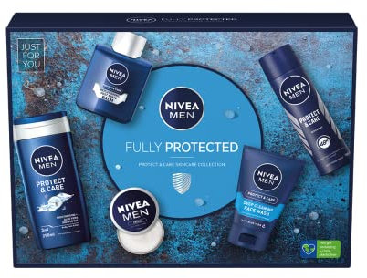 NIVEA MEN Fully Protected Gift Set (5 Pieces), Men's Toiletry Gift Set Includes Shower Gel, Face Wash, Moisturising Cream, After Shave Balm and Anti-Perspirant