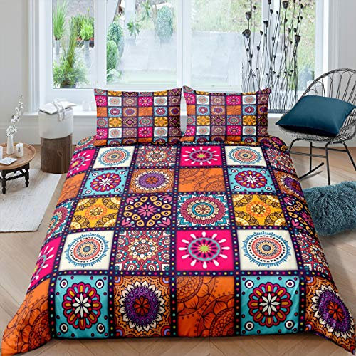 Homemissing Femmes Boho Mandala Housse de Couette Filles Style Bohème Parure de Lit 200x200cm Grille Colorée Plaid Décor Parure Housse de Couette Hippie Mandala 3 pièces