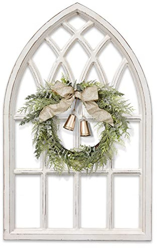 Sintosin Marco de ventana arqueado rústico de 20 x 32 pulgadas, decoración de pared blanco envejecido, decoración de marco de ventana de granja, marcos de ventana de madera para decoración de pared,