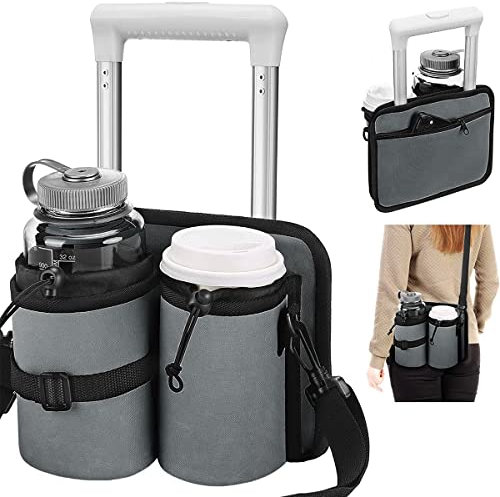 Caffney Luggage Travel Cup Holder Free Hand Drink Caddy 2 Coffee Mugs Holder Thermal Insulation Drink Bag with Shoulder Strap Zipper Pocket Fits on Suitcase Handles for Flight Attendants(grey)