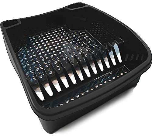 Large Dish Drainer Rack Kitchen Sink Draining Board Countertop Dish Cup Glass Plate Drying Draining Board with Cutlery Drainer Utensil Holder Plastic - 48 x 39 x 11cm - Black