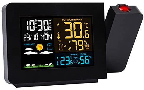 UIBAO Wireless Weather Station Projection Alarm Clock,Digital Clock Projector on Ceiling with Indoor/Outdoor Temperature Display,Dual Alarms,Colored Backlight,Weather Forecast 12/24 Hour/Dimmer