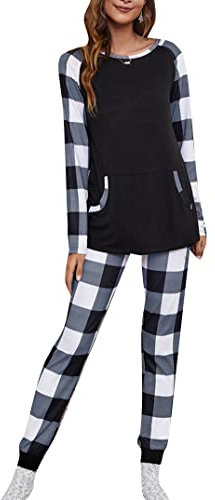 EFOFEI Damen Comfy Homewear Sportanzug Schlafanzug Set Christma Santa Family Pyjamas Gestreift Patchwork Pyjama Zweiteilig Kariert Schwarz Weiß M