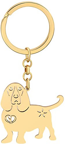 LONYOO Edelstahl niedlichen Hund Schlüsselanhänger Haustiere Hund Geschenke für Hundeliebhaber Frauen Mädchen Welpe Ringe Auto Schlüssel Geldbörse Charms (Vergoldet Bassethund)