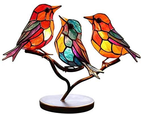 Buntglas Vögel Anhänger Glas Vögel auf Zweig Wandschmuck Metall Vögel gebeizt Acryl Fensterbehang für den Innenhof Kreative Fenster Türen Dekor (One Size, C)