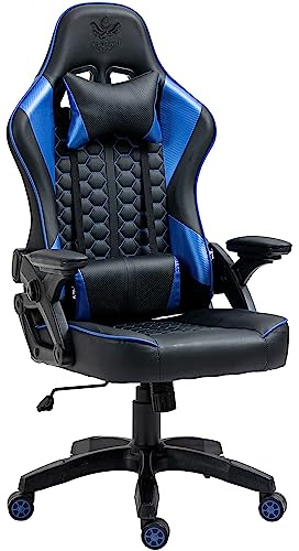 KRAKEN CHAIRS Chaise de Gaming en PVC Cuir - Noir Bleu - Siege Gamer Adulte - Chaise de Bureau - Confortable Chaises de Gamer - 130 kg - Ergonomique Fauteuil Gaming - Réglable Accoudoir/Lombaire