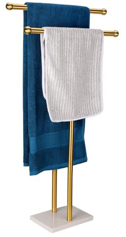 WAYDELI Porte-serviettes sur pied double en forme de T avec base en marbre pour salle de bain à 2 niveaux en acier inoxydable (or brossé)