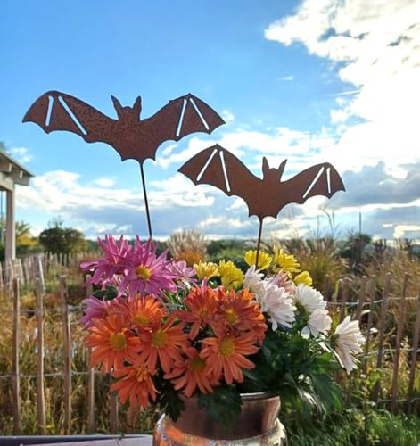 LB H&F 2 Stück Roststecker Herbst Herbstdeko Gartendeko Gartenstecker Rost Metall Dekofigur Gartenfigur Rostfigur Fledermaus (Figur)