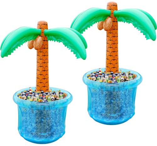 PARENTSWELL 63 Drink Cooler for Parties, 2 Pack Inflatable Palm Tree Ice Bucket for BBQ, Picnic, Pool Party, Bachelorette Supplies, Floating Cooler for Hawaiian Luau Tropical Summer Party Decorations
