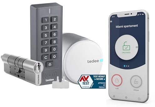 tedee Go Smart lock mit Tastatur, Zylinder 30-61/37-68mm und Bluetooth, elektronisches Schloss mit Code verwandelt Ihr Smartphone in einen Schlüssel, smartes Türschloss Sicherheit mit AV-TEST, Silber