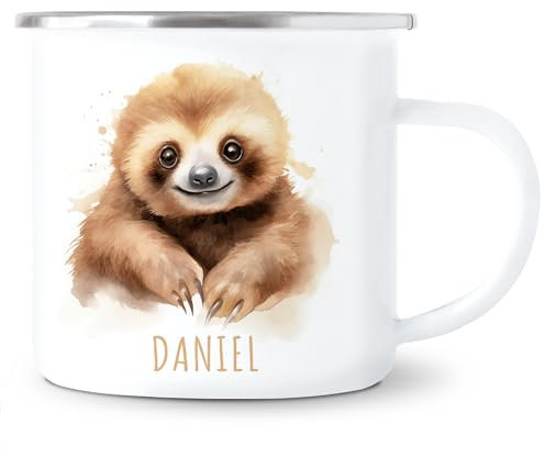 Faultier Emaille Tasse Kinder Trinkbecher personalisierte Kindertasse mit Namen süßer Kinderbecher für Mädchen & Jungen Geschenk Emaille Becher 300 ml (Faultier)