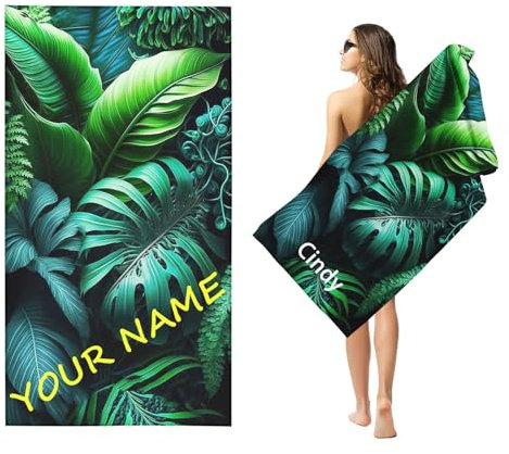 Fadaing Personalisiertes Strandtuch Mikrofaser Badetuch Groß mit Namen Kinder, Handtuch Badehandtuch mit Namen, Personalisierte Strandtücher Palmenblätter Strand handtücher (100 x 200 cm,1)