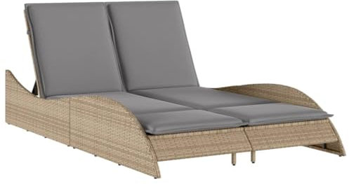 vidaXL Sonnenliege, Gartenliege mit Auflagen, Relaxliege Doppelliege Verstellbare Rückenlehne, Gartenmöbel Strandliege Stahlrahmen, Beige Poly Rattan