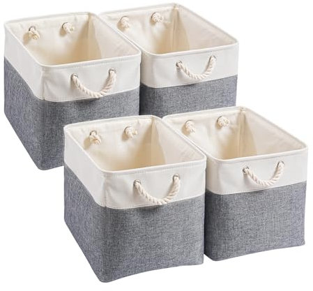 Mangata Canvas Cube Storage Boxes, 25x25x25cm Storage Baskets for Shelves Organizing Clothes Nursery Home(Cold Grey&White, Set of 4)