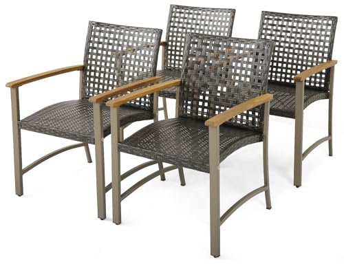 GIANTEX Lot 4 Chaises de Jardin en Rotin Synthétique, Fauteuil d'Extérieur avec Accoudoirs en Bois d’Acacia et Structure en Métal, Chaises Extérieur Charge 180 KG, 64 x 65 x 88 CM
