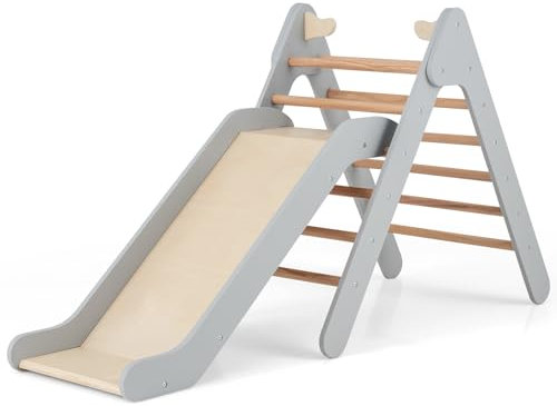 DREAMADE 2 in 1 Kletterdreieck mit Rutsche, Kletterspielzeug Holzdreieck Sprossendreieck Klettergerät, Indoor Klettergerüst aus Holz für Kinder ab 1 Jahre (Grau)