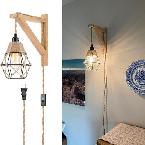 Hobaca Plug in Pendelleuchte, Industrielle Wandlampen mit Stecker Hanfseil Ein/Aus-Schalter Bauernhaus Wandlicht mit 2.5M Kabel, Vintage LED Pendelleuchte, Wandleuchter für Esszimmer