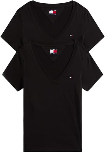 Tommy Jeans Camisetas de Manga Corta Pack de 2 Mujer con Cuello de Pico, Negro (Black/Black), L