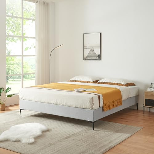 [en.casa] Doppelbett Lilla 140 x 200 cm Bettgestell mit abnehmbarem Bezug Textil Bett mit Lattenrost Polsterbett Hellgrau