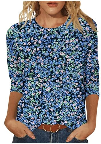 Women's Dark Blue02 Floral 3/4 Sleeve Cotton, Rayon, Spandex Casual Crew Neck Pullover T-Shirt Size S