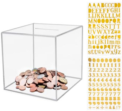 Clear Acrylic Money Box, Smash Money Saving Jar with Stickers Unopenable Clear Piggy Bank for Adults Kids, 4.72”× 4.72”× 4.72”