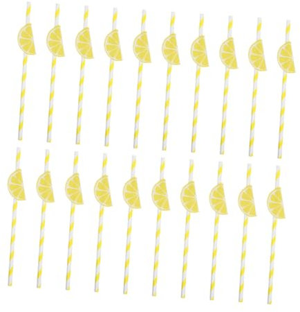 PartyKindom 40pcs Lemon Paper Straws Yellow Striped Paper Drinking Straws Party Supplies for Summer Birthday Gatherings