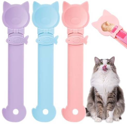 KFHENSOMR 3 Pcs Cat Treat Spoon Squeeze, Cute Sliding Pet Strip Feeder Spoon, Multi-Function Lickable Wet Food Dispenser for Liquid Snack Puree Pet Supplies (3 Colors)