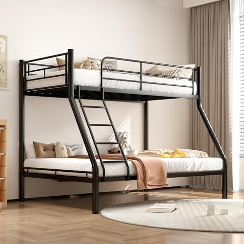 Generisch Etagenbett 3 Personen140×200cm/90×200cm, Metall Etagenbett mit Absturzsicherung und Schutztreppe, Doppelstockbett für Erwachsene und Studenten, Schwarz (Regulär)