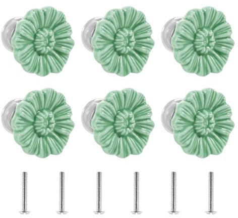 6Pcs Drawer Knobs, Decorative Ceramic Cupboard Handles, 33mm Elegant Flower Shape Design Kitchen Door Handles, Vintage Furniture Pull Knobs with Screws for Closet, Dresser, Furniture Door(green)