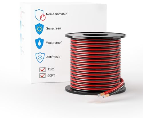 LEADTOPS Cable de Aluminio Revestido de Cobre 12 AWG 15.24M, Calibre 12 Rojo/Negro 12/2 Cable de Extensión de 12/24 V CC Para Altavoces, Tiras LED, Automóviles y Control Remoto