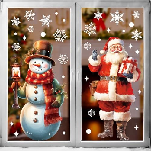 JOFONY Weihnachten Fensterbilder Groß, Weihnachtsmann und Schneemann Fensteraufkleber Weihnachten Selbstklebend, Wiederverwendbar Schneeflocken Fenstersticker Kinder für Weihnachtsdeko 2 Blätter