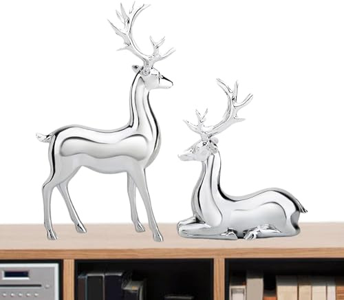 FVPKYUR 2 Stück Silberne Rentier Figuren, Silberner Hirsch, Rentierstatue Aus Galvanisiertem Silber, Deko Hirsch Ornamente Statuen, Kunstharz Skulptur Für Wohnzimmer, Schlafzimmer, Weihnachtliche