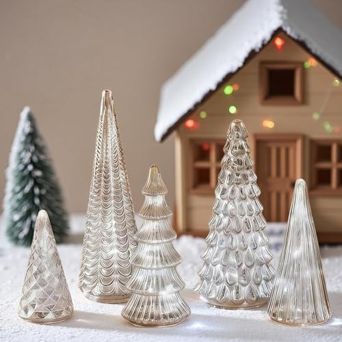Lot de 5 arbres de Noël en verre mercuré illuminés, arbres de Noël LED, figurines en verre mercuré argenté pour table de Noël à la maison, décor de cheminée, décor de fête