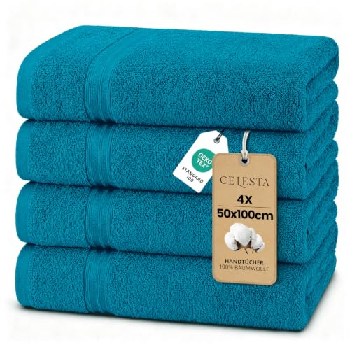 CELESTA Handtücher 50x100 cm, 4er-Set 100% Baumwolle Frottee, Türkis | OEKO‑TEX zertifiziert, weich & saugstark, ideal für Badezimmer, Gäste‑WC, Küche, Spa, Gym & Sport