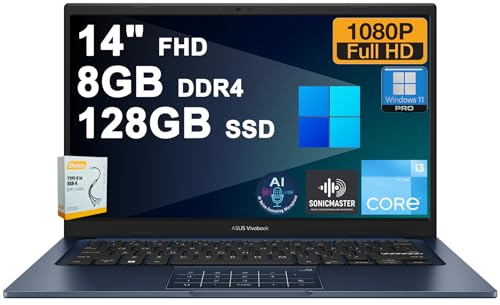 ASUS VivoBook 14 Business Laptop | 14 FHD Anti-Glare | Intel 6-core i3-1315U | 8GB DDR4 128GB SSD | Type-C Privacy Camera SonicMaster AI Noise Canceling Fast Charging Win11Pro w/DLCA Accesssory